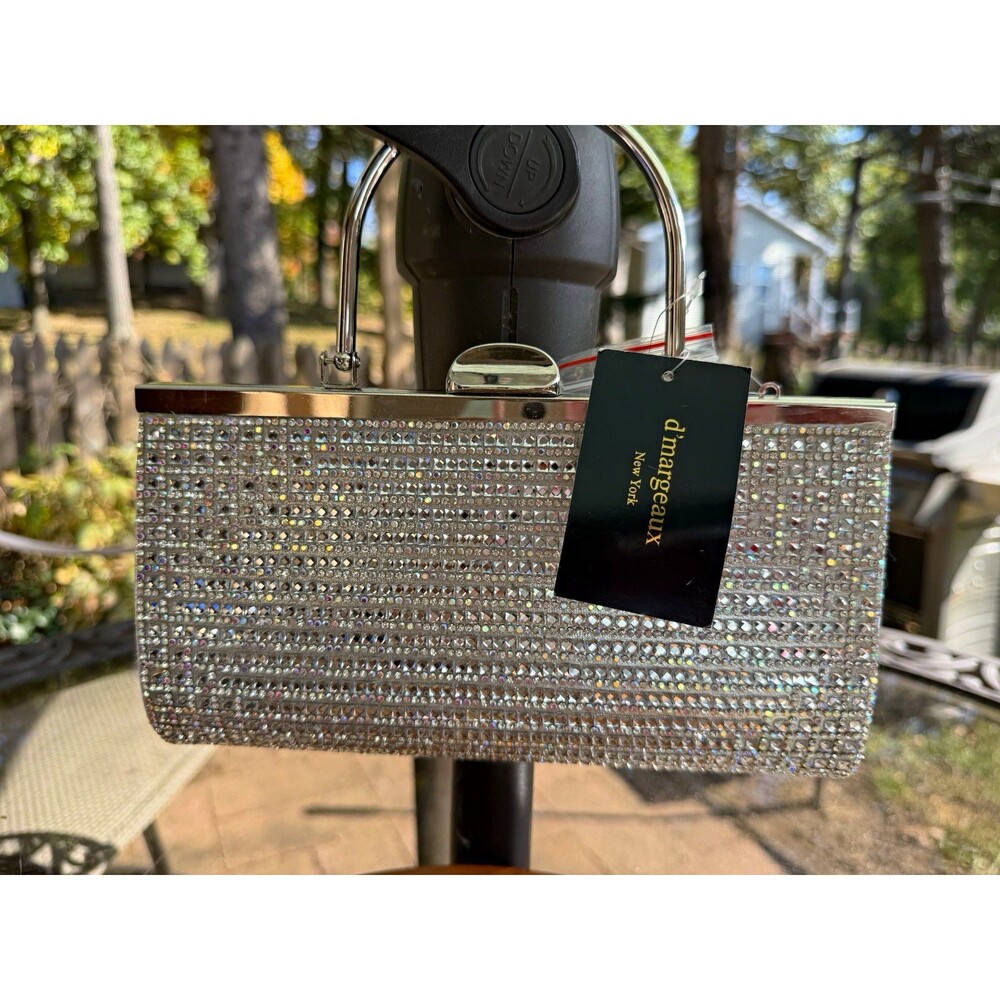 d'margeaux Platinum Rhinestone Clutch Top Handle Detachable Chain Strap Clasp